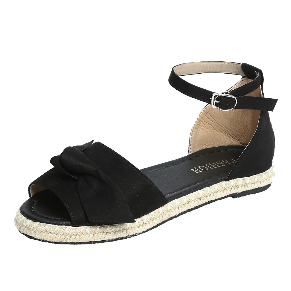 Hot Sale-Muqgew Fashion Solid Färg Flock Peep Toe Bow Flat Heel Hasp Sandaler # 1211