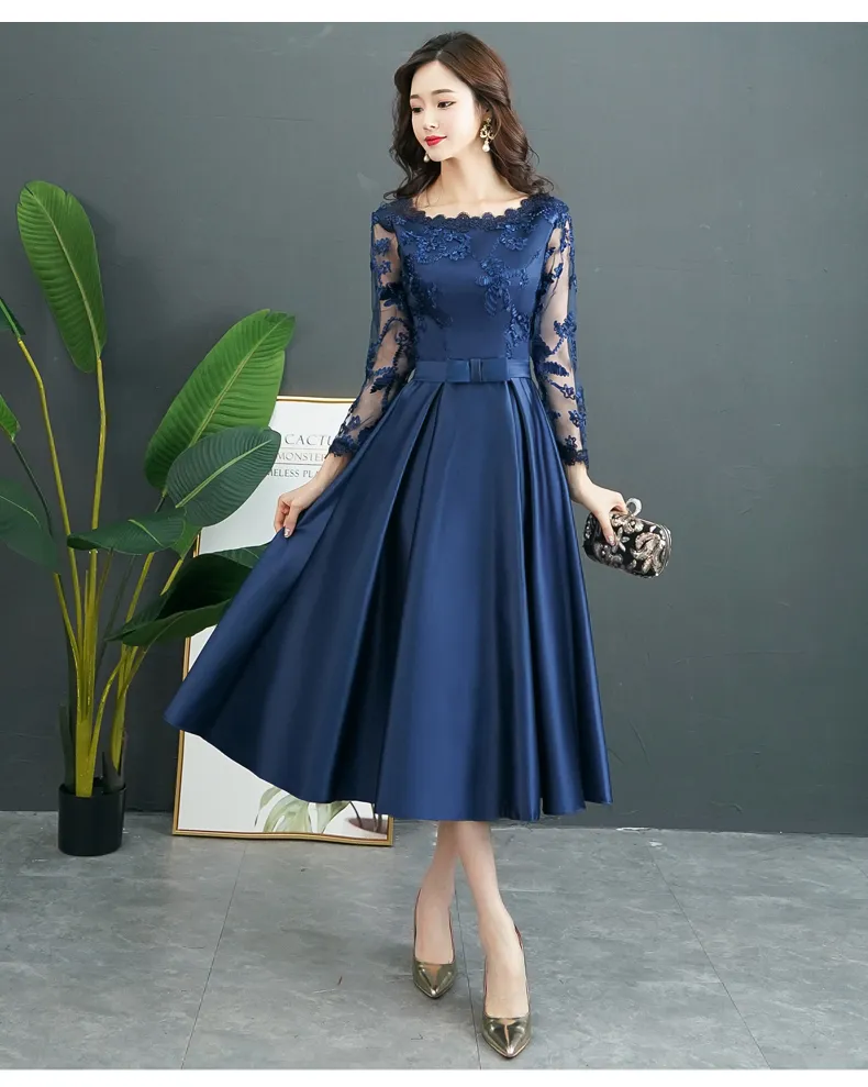 blue tea dress with sleeves Tea Length Navy Blue Mother Of The Bride Dress A Line Lace Top Tea Length Chiffon Mother Of The Bride Dresses main image 1