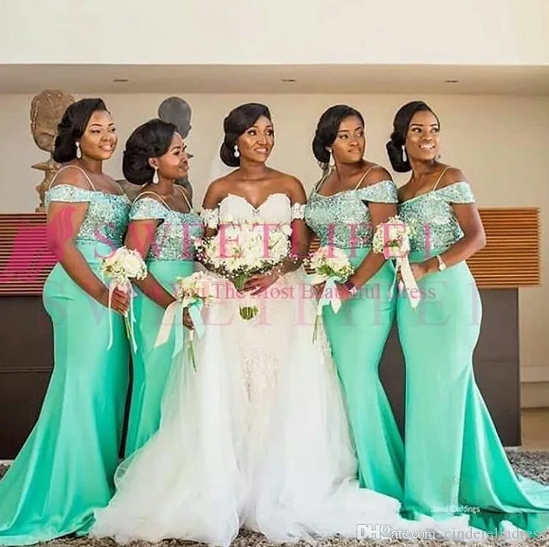 2020 African Mint Green Off The Shoulder Mermaid Bridesmaids Dresses Floor Length Sleeveless Sexy Black Girl Wedding Guest Prom Dress