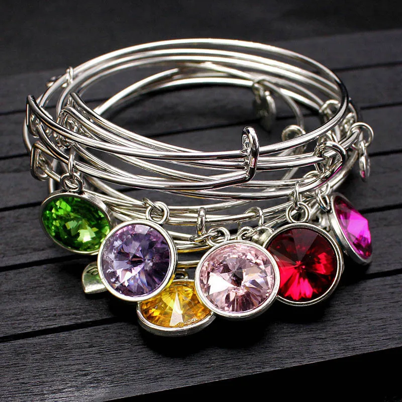 Wish Amazon Popular 12 Colors Birth Stone Charm Bangle Handmade Bracelet with Gift