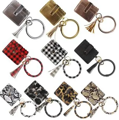 PU Leather Bangle Bracelet Card Bag Wallet Keychain Wristlet Keyring Leopard handbag Leather Bracelet Credit Card Holder With Tassel EEA1665
