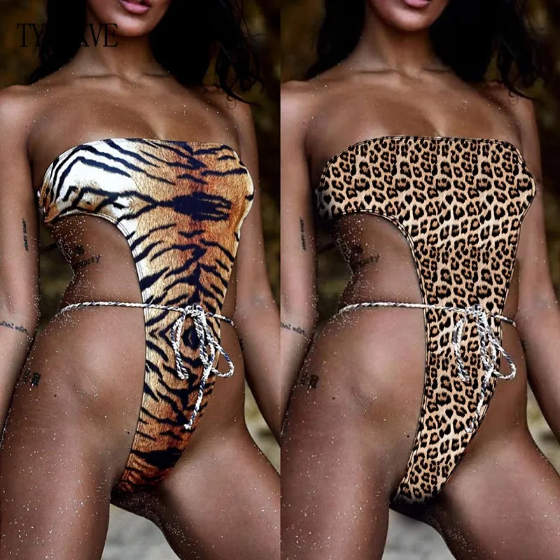 New Leopard print one piece swimsuit female Thong bikini 2019 Bandeau Bandage bathing suit monokini swimwear women bathers Beach