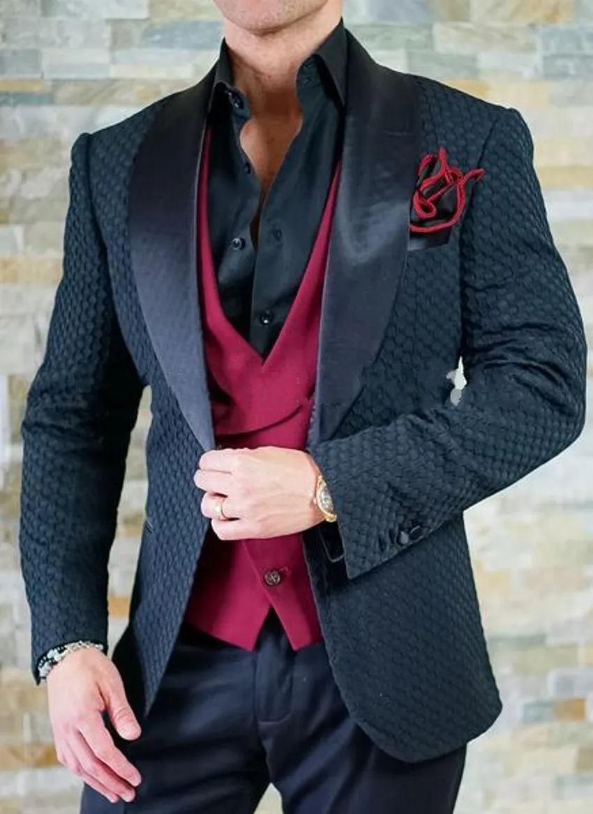 Mode Groom Tuxedos Wave Point Black Groomsmen Mens Bröllopsklänning Man Jacka Blazer Business Suit (Jacka + Byxor + Vest + Tie) 1670