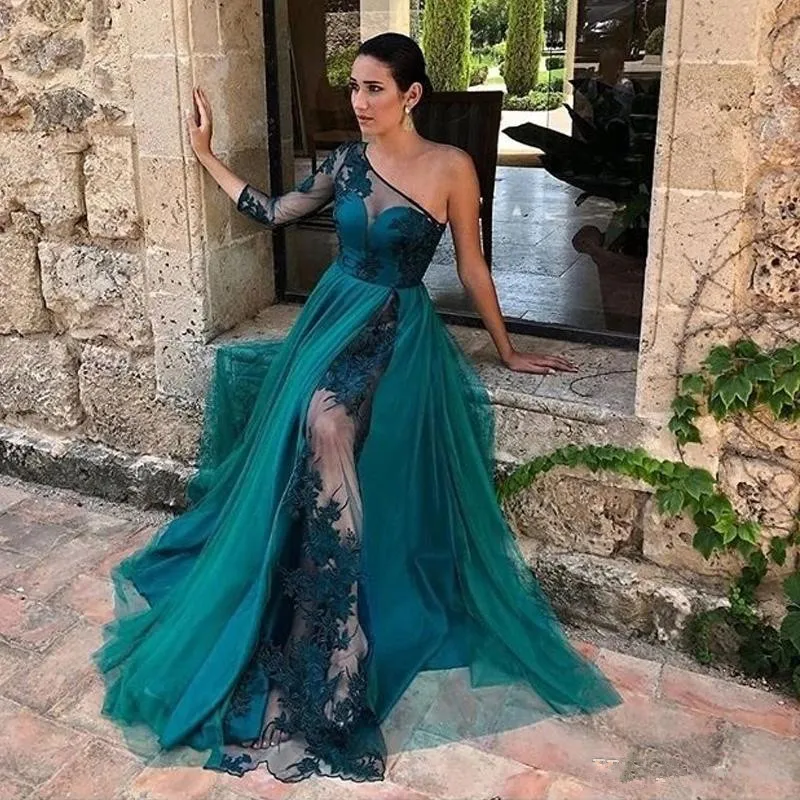 A Line Chiffon Long Sleeve Sheer Elegant Evening Formal Dresses 2019 dresses Evening Wear Elie Saab Party Prom Gowns Bling Beaded277Q
