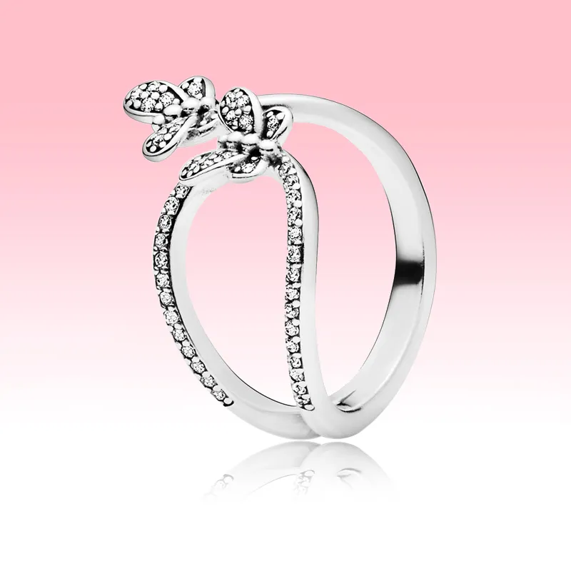 NEW Sparkling Butterfly Open Ring Women Grils Summer Jewelry for Pandora 925 Sterling Silver CZ diamond Wedding Rings with Original box