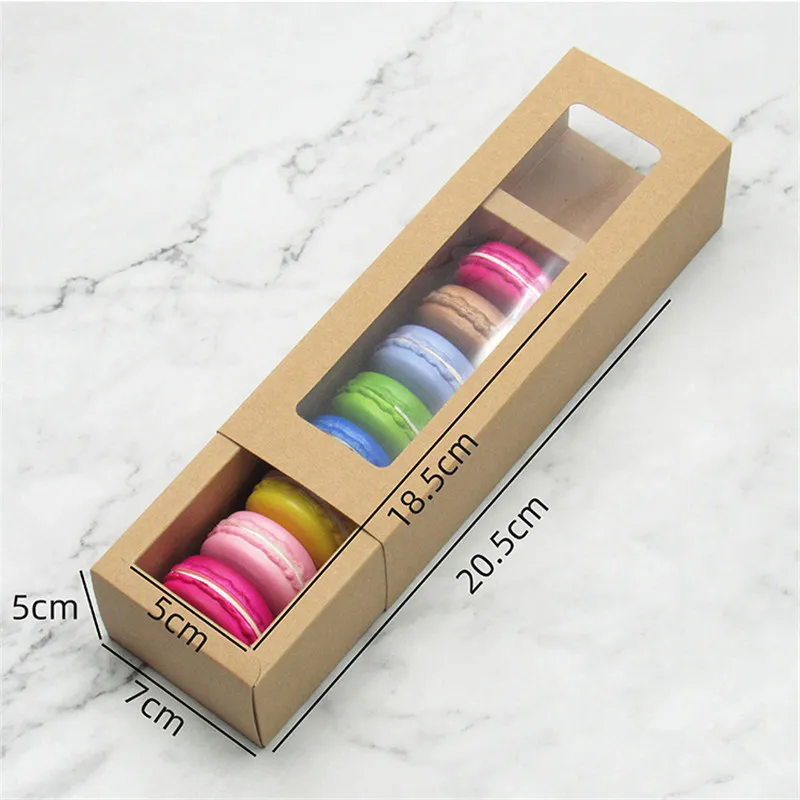 Brown Kraft Paper Macaron Box White Cardboard Cookie Box With Clear PVC Window Drawer Type Rectangular Packing Box LX2703