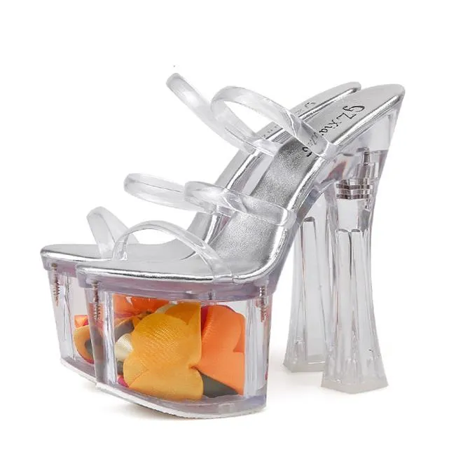 Heißer Verkauf – Super High Heels floral transparente Kristall-Slipper-Sandalen, modische Luxus-Designer-Schuhe, Größe 34 bis 39
