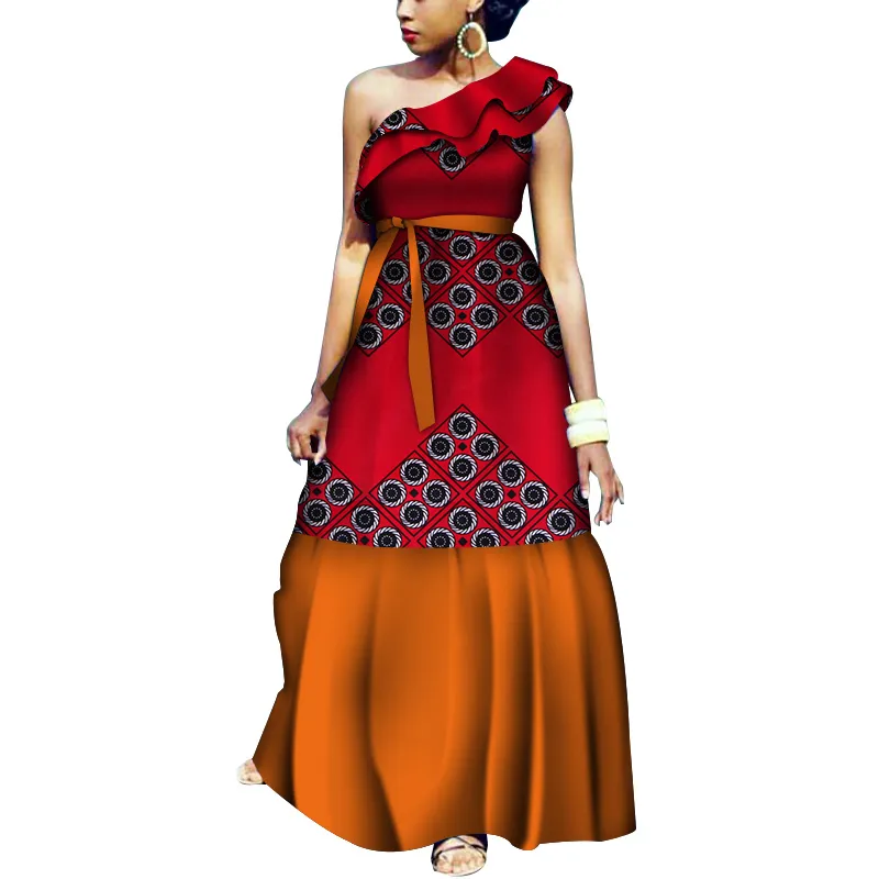 Africano Roupas Imprimir Babados Vestidos Bazin Riche Longo Partido Vestidos de Noite Mulheres Africano Peter Pan Vestidos para As Mulheres WY4008