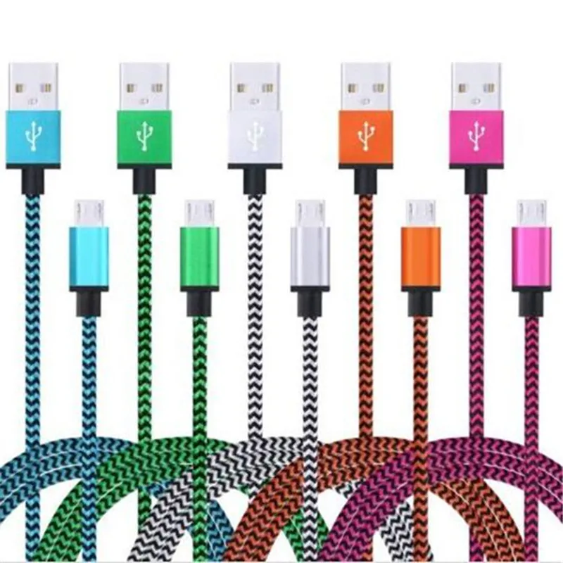 1m 3FT Tyg Nylon Braid Micro USB-kabel ledning Unbroken Metal Connector Charger Cord för Samsung S7 S8 S10