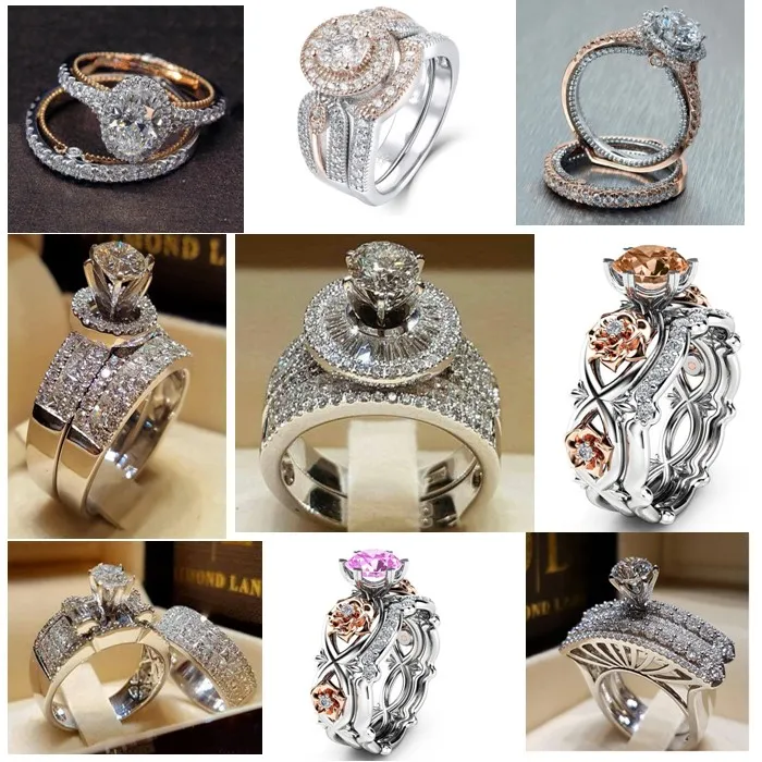 Nieuwe Bruiloft Paar Ringen 3A Rhinestone Fashion Silver Rose Gold Rings Gemengde Verschillende stijlen Mode Europese Amerikaanse Sieraden Gratis DHL