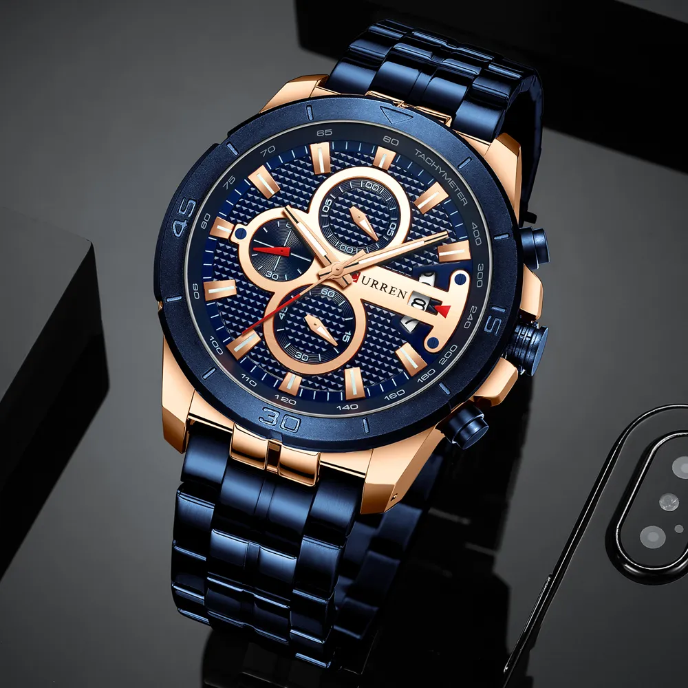Curren Business Men assista marca de luxo Senão de aço inoxidável Relógio do cronógrafo Exército Militar Quartz Relógio Relogio Masculino