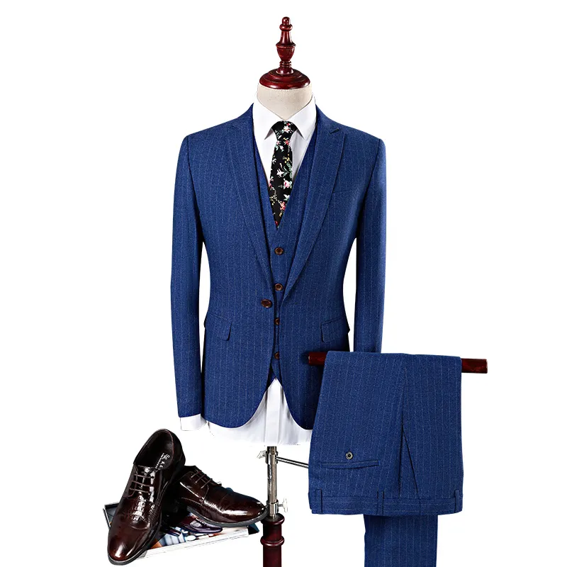 Traje a rayas para hombre 2019 Slim Fit Hombres Trajes para la marca de bodas Azul azul marino Mens Formal Desgaste 3 pieza Traje de negocios Q340