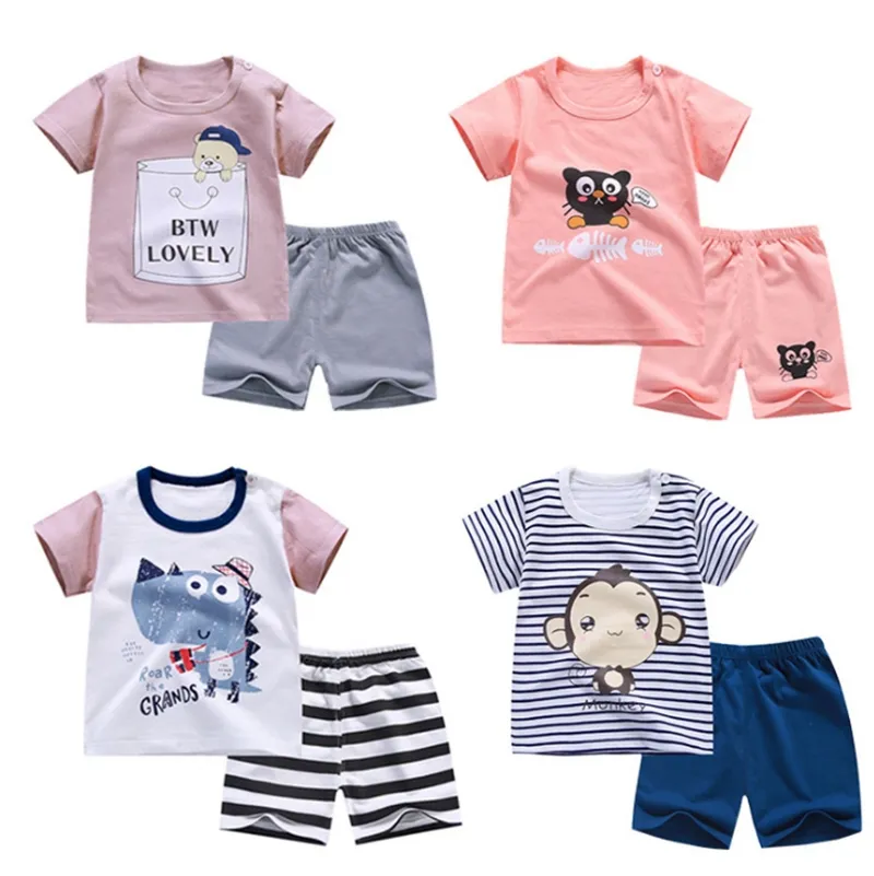 Kids Outfits 100% Cotton Boys Shirts Shorts 2PCS Sets Short Sleeve Girls Tops Pants Cartoon Children Clothes Set Summer Kids Clothing DW2516