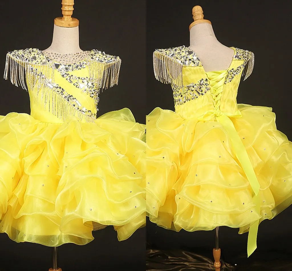 Süße gelbe Luxus-Perlenkristall-Mädchen-Festzug-Kleider, Rüschen, Juwel, Schnürung, Organza, Abschlussparty-Kleid, Kinder-Blumenmädchenkleid für Babys