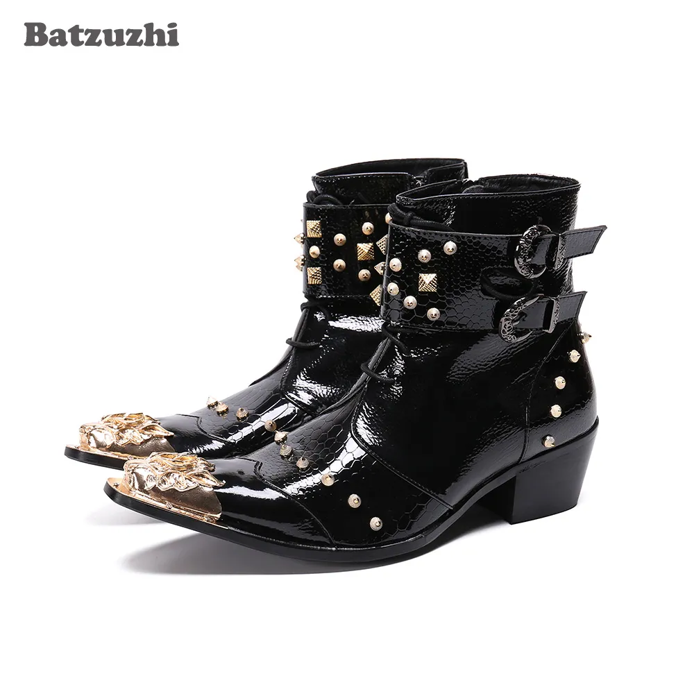 Batzuzhi 6,5 cm Mężczyźni Kostki Buty Spiczaste Metalowa Tip Rock Kostki Botki Mężczyźni Nity Punk Black Leather Boots Men Botas Militares, 38-46