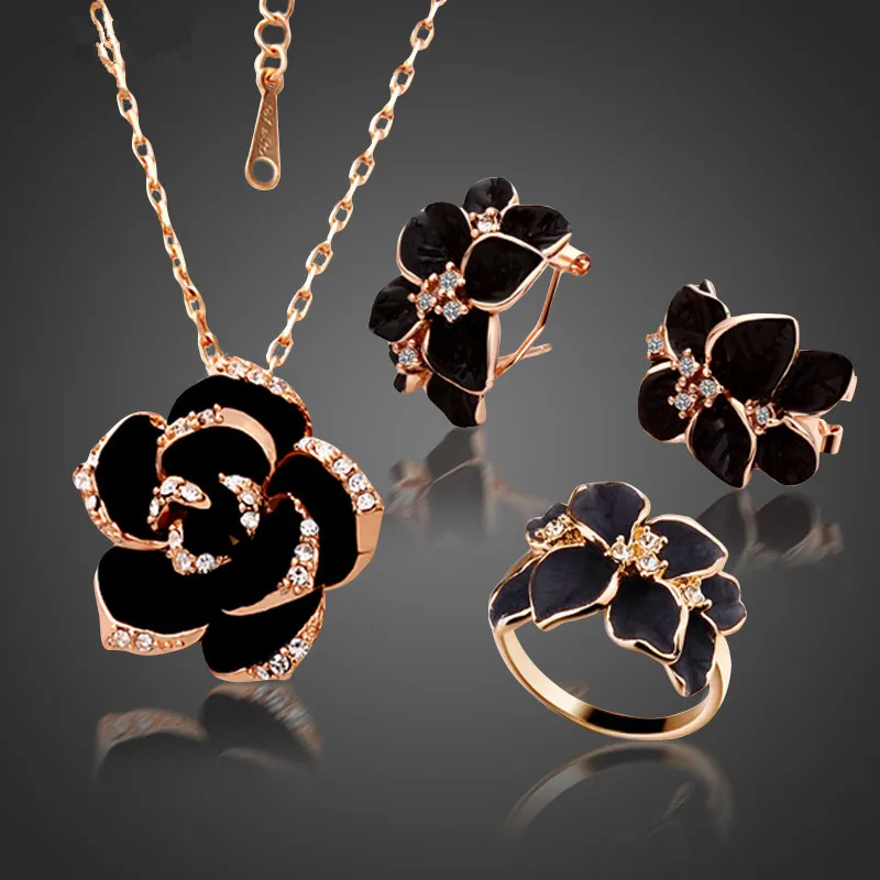 Mode rose bloem emaille sieraden set rose goud kleur zwart schilderij bruids sieraden sets voor vrouwen bruiloft