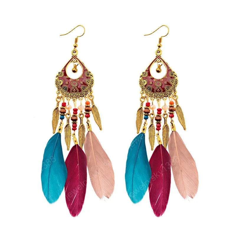 Boucles d'oreilles longues pampilles en plumes noires pour femmes, bijoux tibétains ethniques Boho Dangle Jhumka, boucles d'oreilles de tribu de feuilles Oorbellen