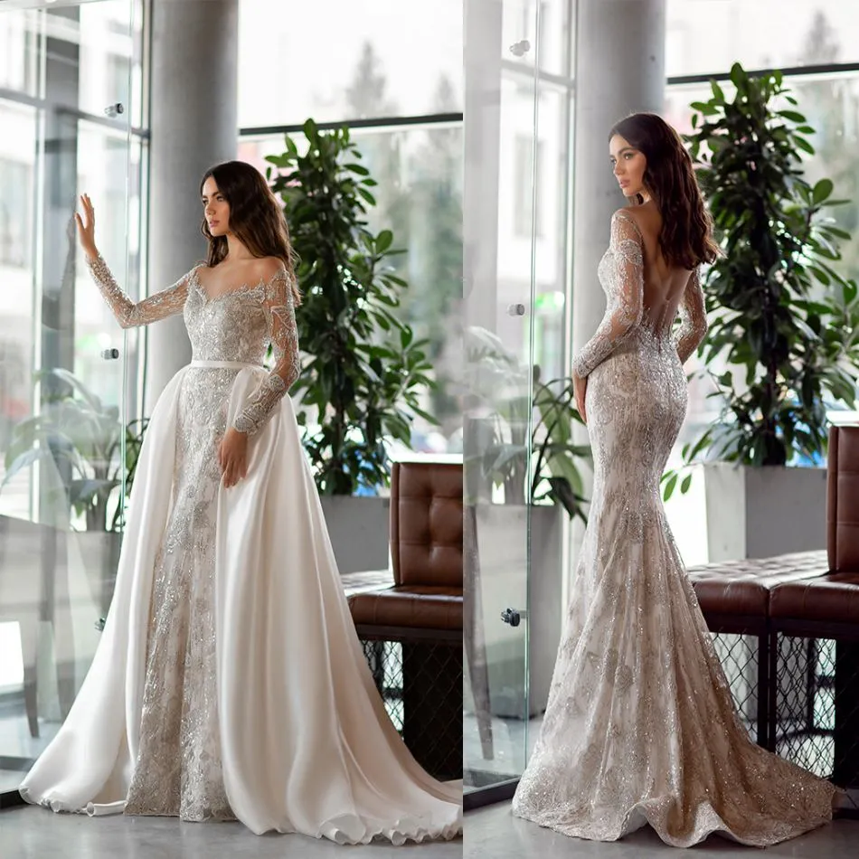 Oksana Mukha Wedding Dresses Scoop Long Sleeves Backless Detachable Train Bridal Gowns Lace Appliques Beads Sequins Mermaid Wedding Dress