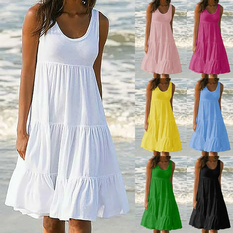 abiti delle donne di estate 2019 vestiti della Boemia allentato casuale solido senza maniche vestito dalla spiaggia di grandi dimensioni cocktail di sera del partito di breve mini abito xxl