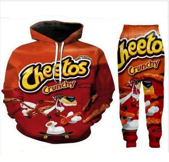 Nouveaux hommes/femmes chaud Cheetos drôle impression 3D mode survêtements col rond Hip Hop sweat et pantalon 2 pièces ensemble sweats à capuche TZ05