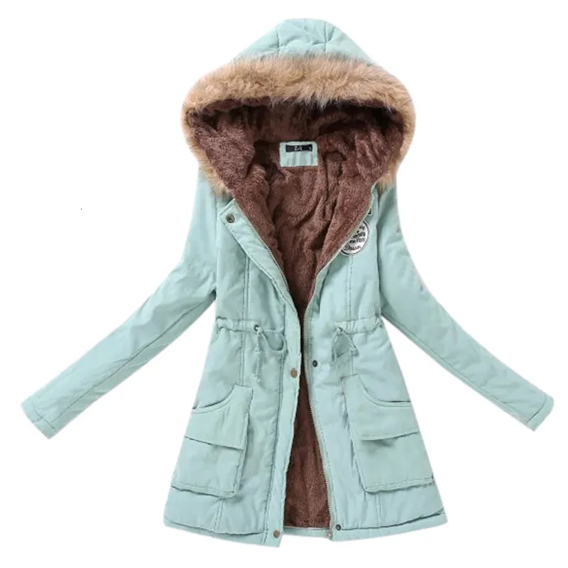 Giacca invernale da donna Collo in pelliccia Parka Slim Zipper Parka Cappello di lana Cintura con cappuccio Addensare Cappotto invernale Outwear Lungo Cappotto da neve femminile V191111