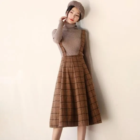 Japan Mori Tjej Sundress Höst Koreanska Mode Kvinnor Ärmlös Vest Brown Plaid Woolen Vinter Klänningar Spaghetti Strap Vestidos LY191115