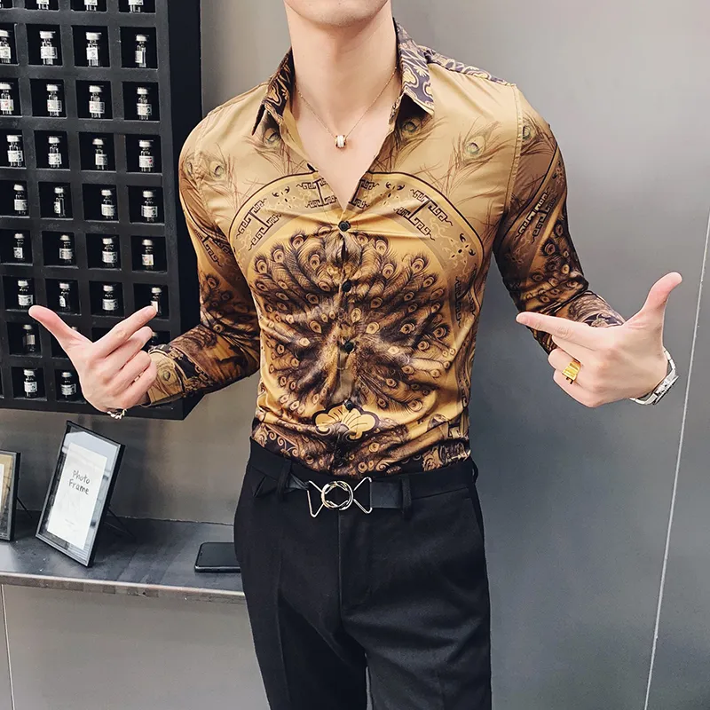 2019 Uomo Moda Oro Camicie Mens Peacock Stampato Overhemd Camicia elegante Slim Fit Night Club Abiti Abbigliamento vintage Mens Social