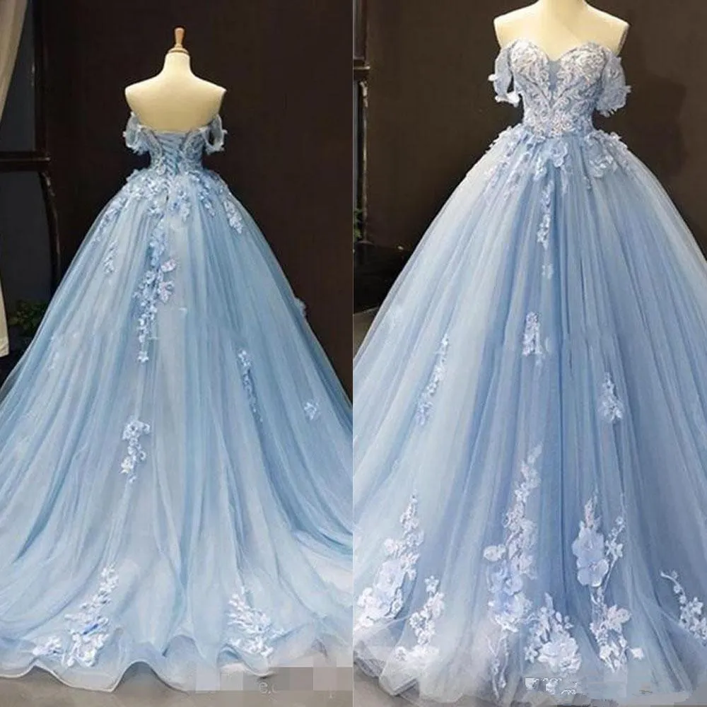 Light Blue Off Shoulder Tulle Quncenera Dress Sweet 16 Birthday Ball Gown, DP3353