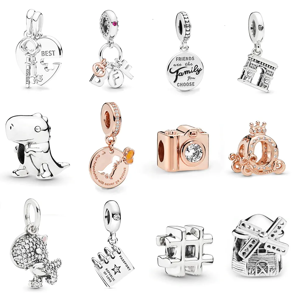 Nowy 100% 925 Sterling Silver Jesień Dino The Dinozaur Charms Kluczowe Serce Wisiorek Korony Wózek Urok Fit DIY Bransoletka Kobiety Oryginalny prezent