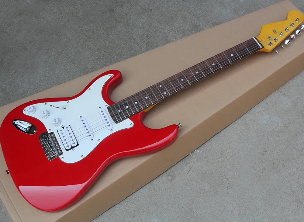 Vermelho canhoto / guitarra elétrica rosa com Rosewood Fretboard, White Pickguard, Pickups SSS, pode ser personalizado como pedido