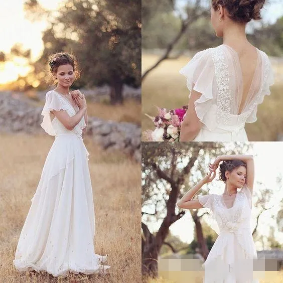 2019 Chic Bohomian Wedding Dresses Short Sleeves Chiffon V Neck Lace Appliqued Sweep Train Country Beach Wedding Brida Gown Plus Size