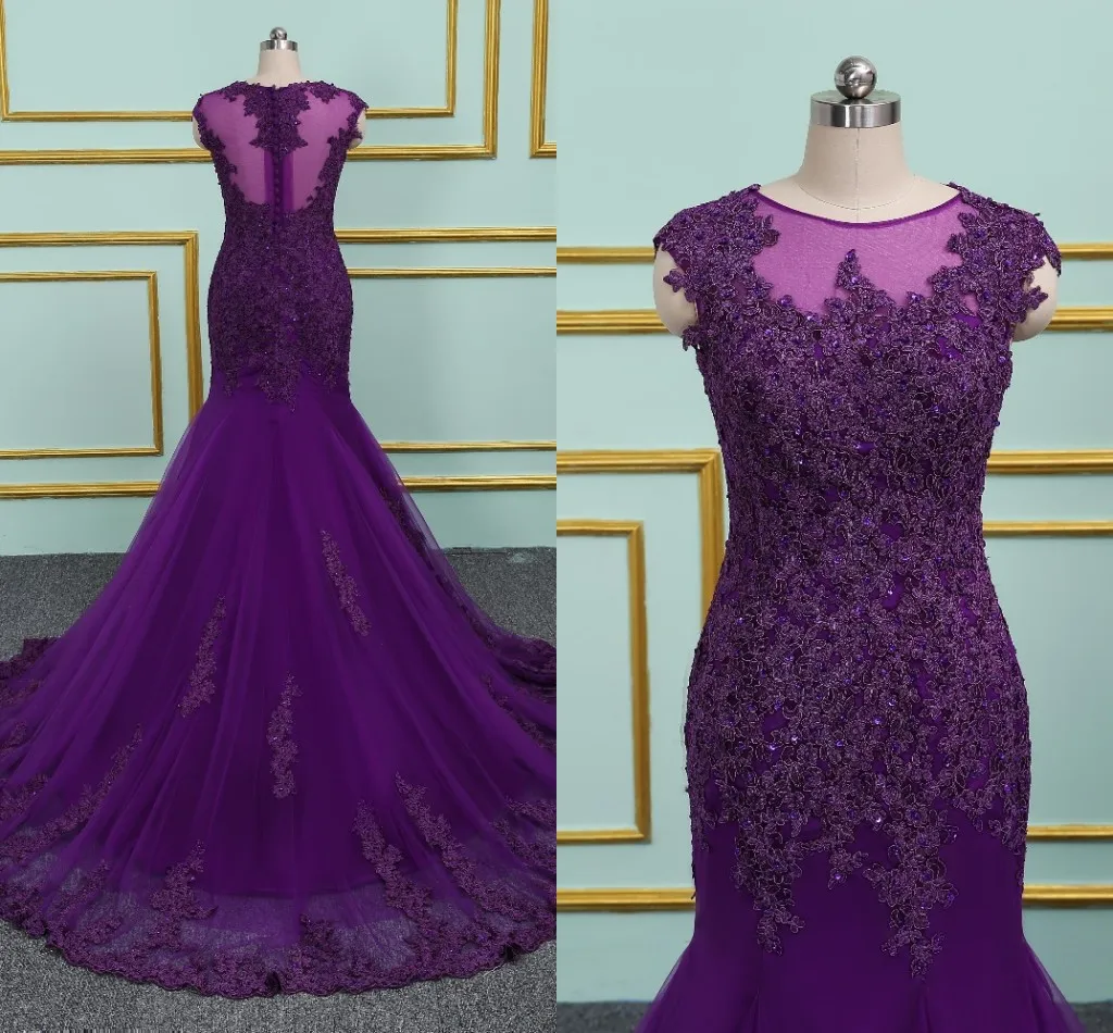 Dark Purple Tulle Formal Elegant Evening Dresses Long Lace Applique Beaded Sequin Sheer Neckline Prom Dress Party For Special Occasion