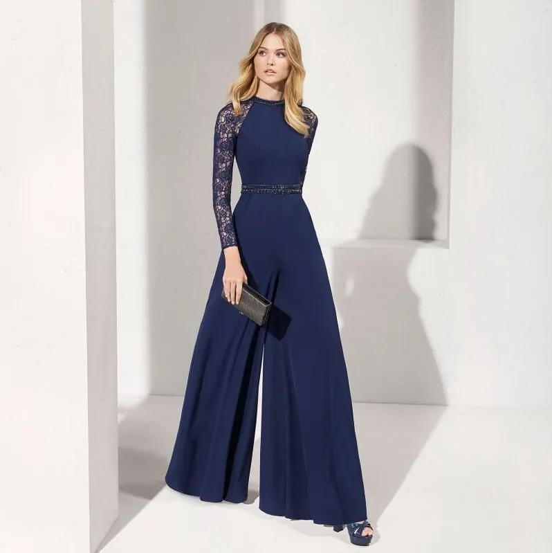 Dark Navy Kant Jumpsuit Lange Mouwen Avondjurken Juweel Neck Beaded Prom Jurken Vloer Lengte Chiffon Formele Jurk