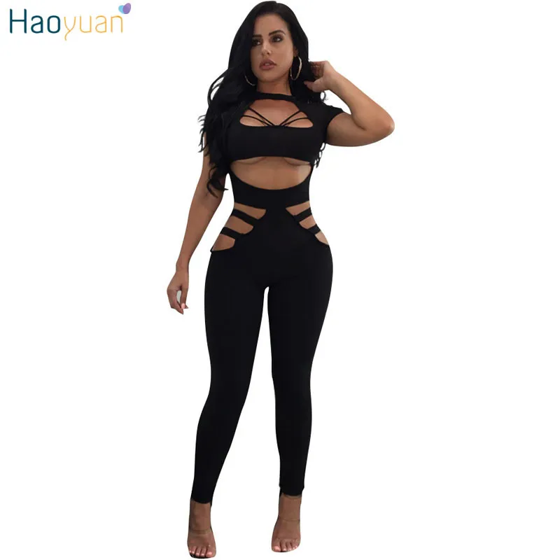 Haoyuan macacãozinho Womens Jumpsuit Bodycon oco Out Macacões 2017 Queda Preto Vermelho Bodysuit Léotard Sexy Clubwear Bandage Jumpsuit q1110