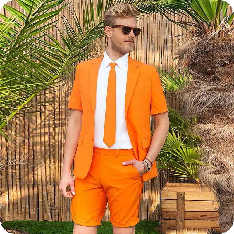 Mens Suits Orange Wedding Suits Bridegroom Costume Pour Hommes Custom Made Slim Fit Casual Tuxedos Best Man Blazer Prom Jacket+Shorts Pants