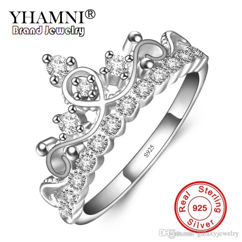 Yhamni Original 925スターリングシルバークラウンリングプリンセススタイル立方ジルコニアジュエリー婚約結婚指輪ZR178