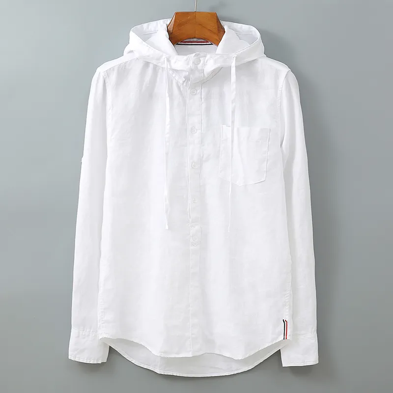 Mens Casual Shirts 100 Linen Men Long Sleeve Hooded Shirt Solid