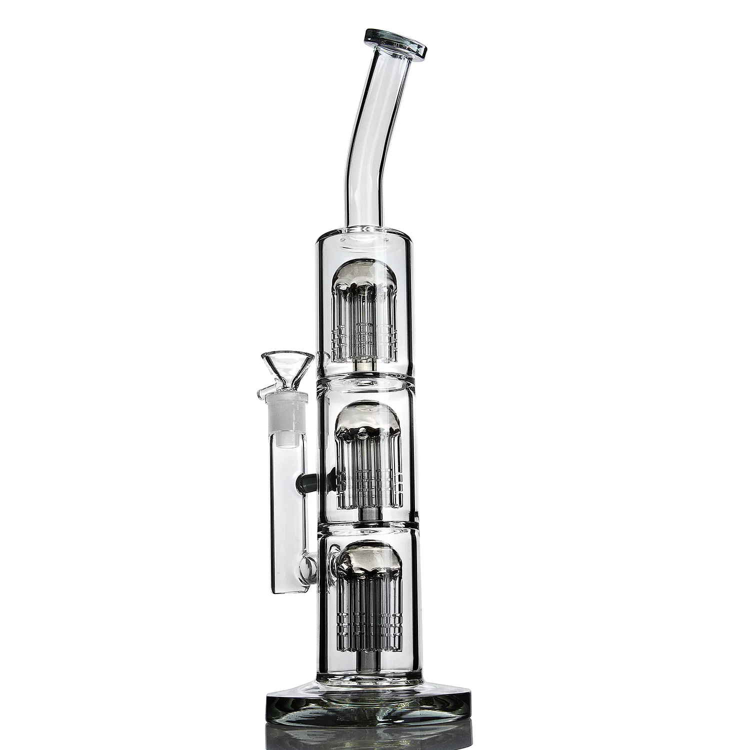 Shishas Grey Triple Arm Tree Glasbongs mit gebogenem Hals, dicke Basis, Dab Rig, 14 mm Joint Bowl Bong