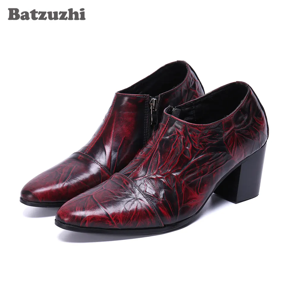 Batzuzhi 7 cm talon haut Botas Hombre en cuir véritable bottines hommes vin rouge fête robe de mariée bottes hommes, grande taille US6-12!