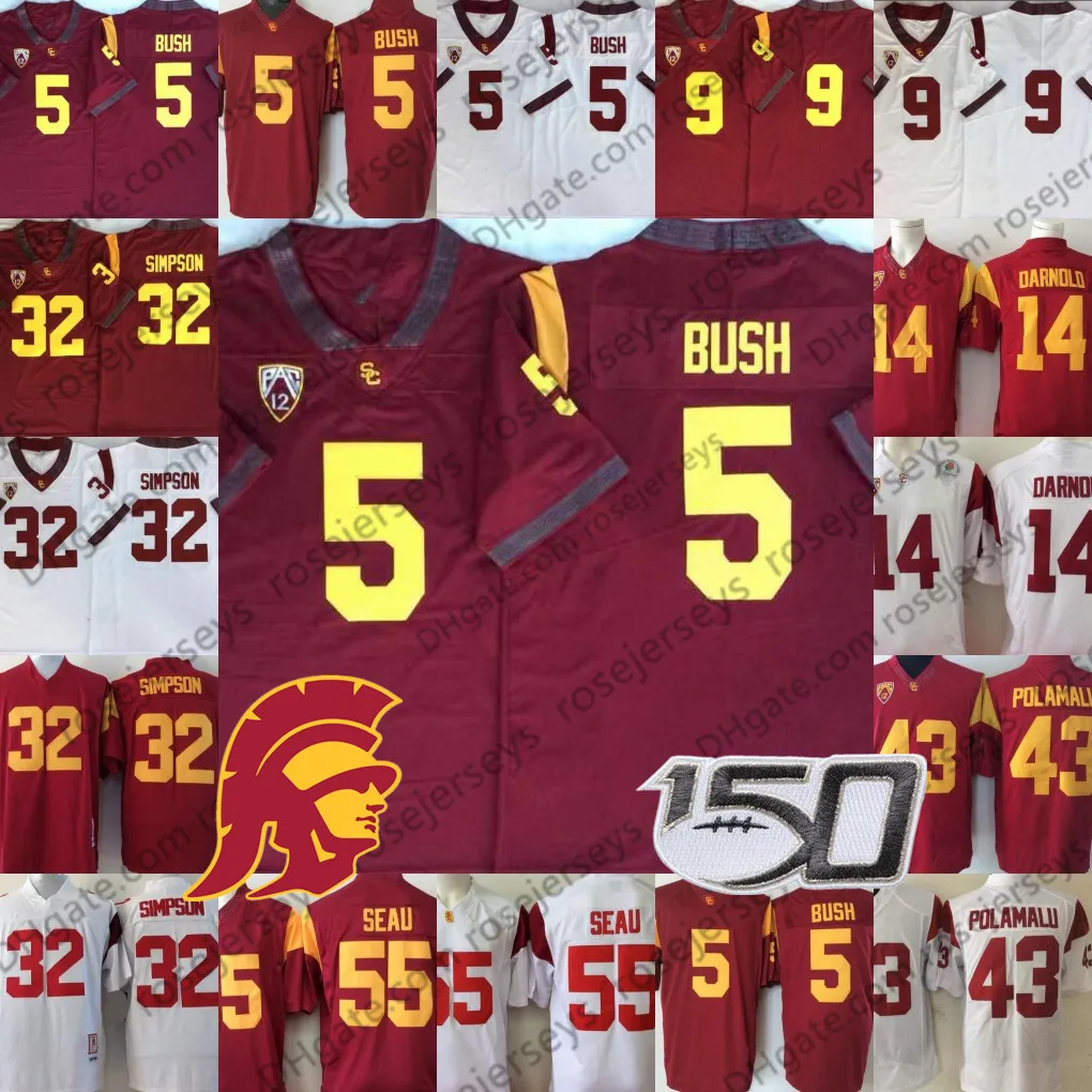 2020 USC 트로이 목마 빈티지 유니폼 # 5 Reggie Bush 32 OJ Simpson 14 Sam Darnold 9 Kedon Slovis 43 트로이 폴라 팔루 55 주니어 Seau