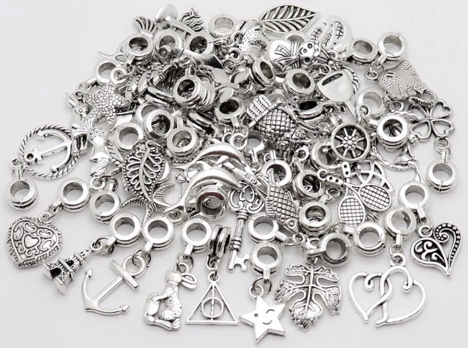 100 st/parti vintage stora hål lösa pärlor europeiska charms hänge pandora charms armband diy metall smycken gör
