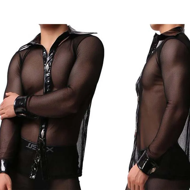 Mesh Transparent Tops Männer Sexy Unterwäsche Schwarz Langarm Tops Durchsichtig Erotische Unterhemd Nachtclub Leistung Kostüm