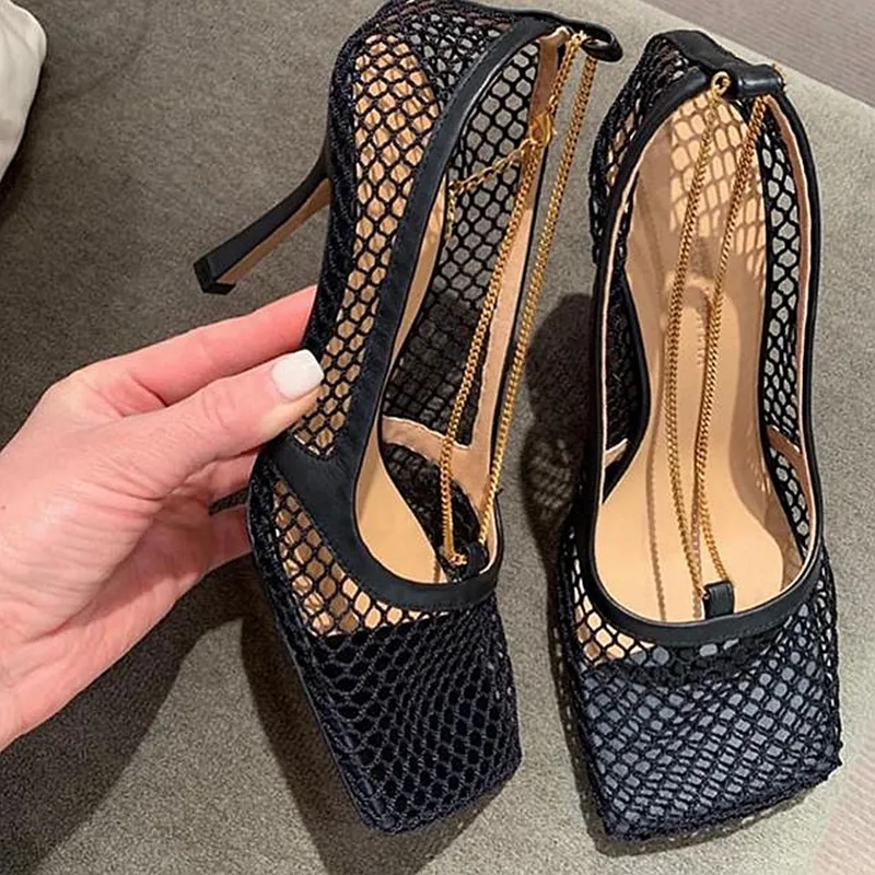 2019 Mesh High Heel Shoes Woman Square Toe Cut out Strange Heel Pumps Women Party Shoes