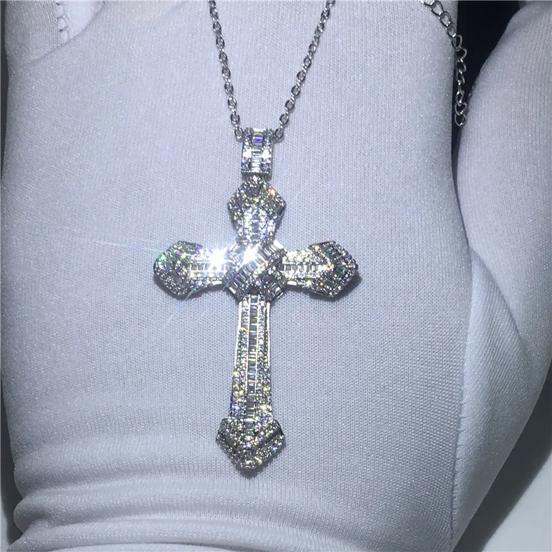 Vecalon Big Cross Pendant 925 Sterling Silver 5a Zircon Bröllop Engagemang Pendants med halsband för kvinnor Män Smycken