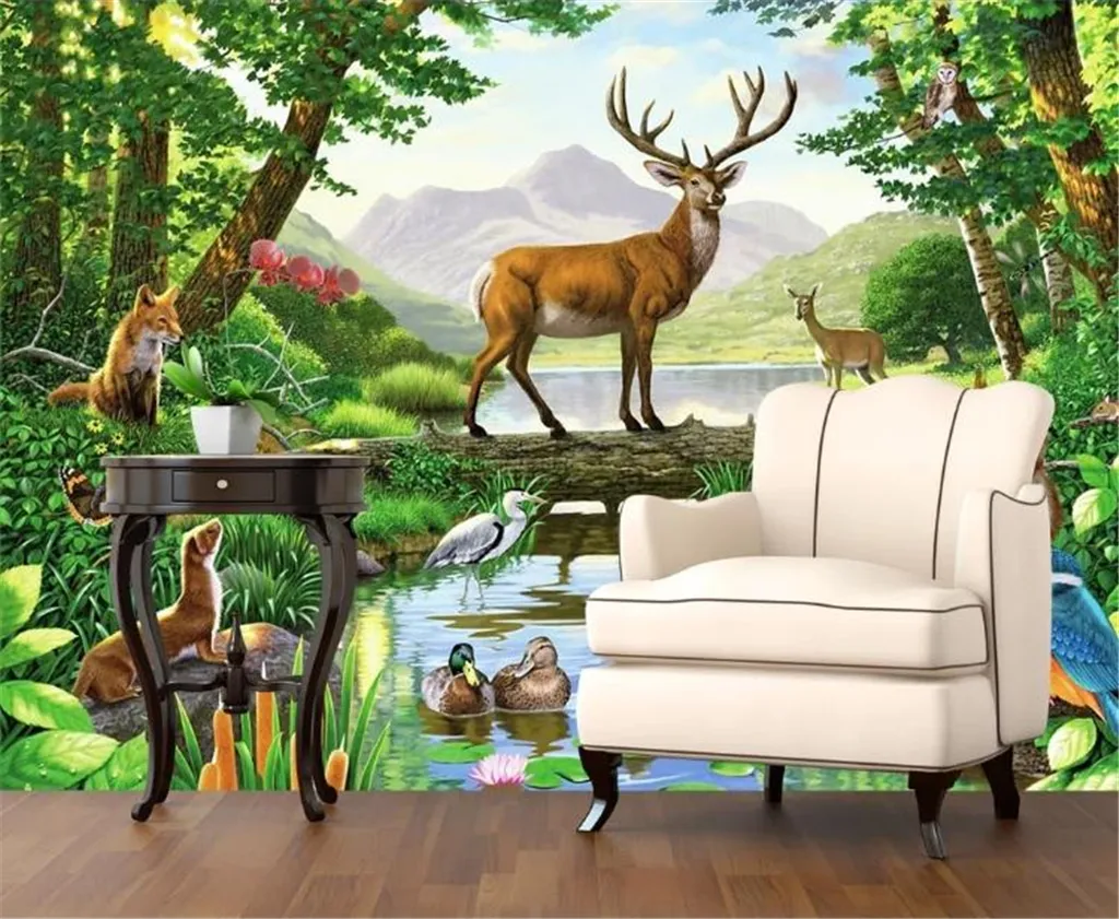 Carta da parati per la casa 3D Bella foresta primaverile Animali della giungla Elk Creek Stampa digitale HD Carta da parati per umidità