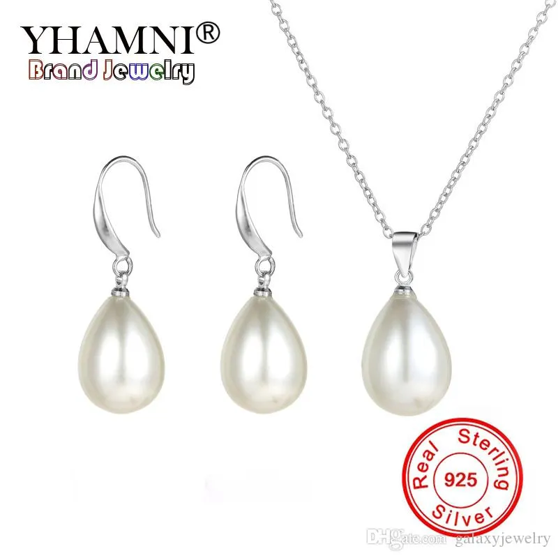 Yhamni mode pärla smycken uppsättningar 925 Sterling silver hänge halsband uppsättningar för kvinnor brud bröllopsvatten droppe örhängen SE1000