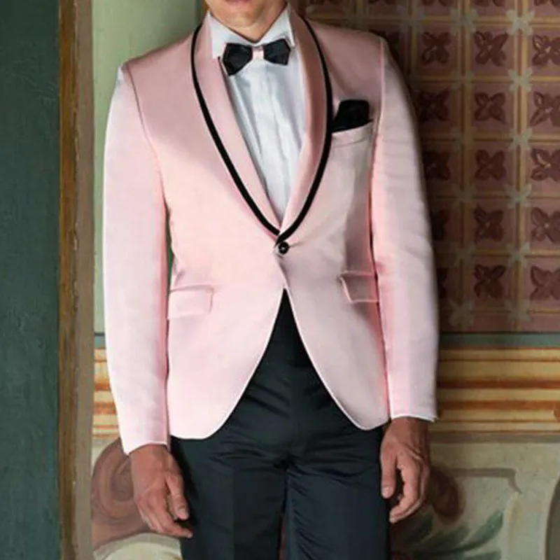 Rosa Prom Män Passar för Groomsmen 2 Piece Bröllop Tuxedo Slim Fit Custom Club Male Suit Set Blazer med svart byxor Fashion 2020
