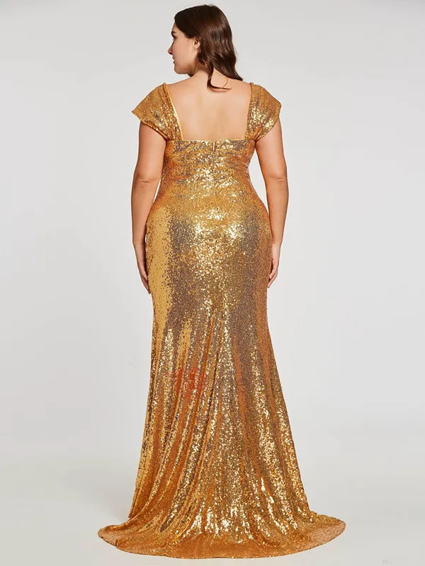 plus size gold sequin dress Glitter Evening Gown with Flowing Train - Elegant Pretty Sequin This dress features a V Sparkling Mermaid Gold sequin formal