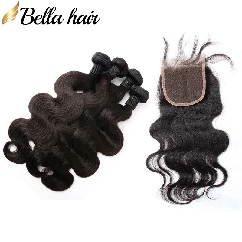 Full Head 5 PCS% 100 İşlenmemiş Malezya İnsan Bakire Saç Dokumaları Kapanış Vücut Dalgası 4pcs Saç Atkı 1 PC Üst Dantel Kapanışları 4x4 Bellahair