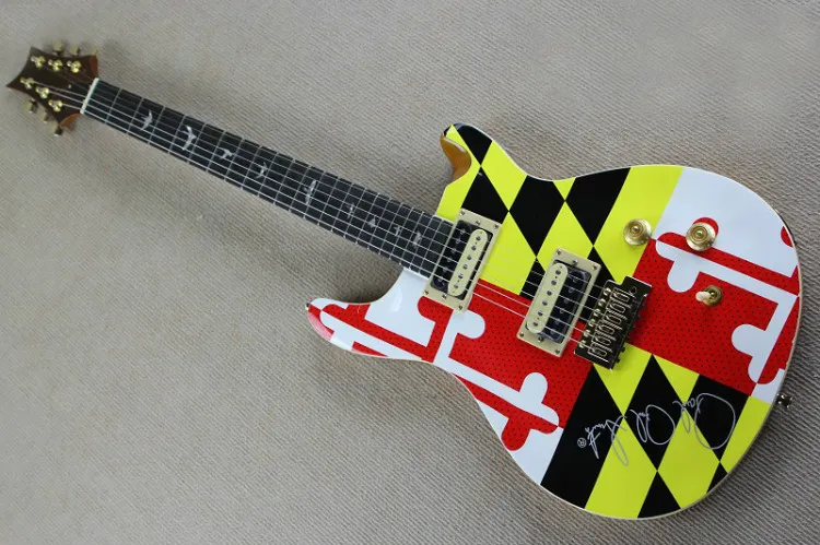 Guitarra eléctrica colorida personalizada de fábrica con herrajes dorados, incrustaciones de traste de pájaro, diapasón de palisandro, se puede personalizar